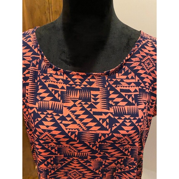 Pink Rose Top Womens Blouse Size Large  Short Sleeve Zipper Back Orange Navy - Picture 4 of 9
